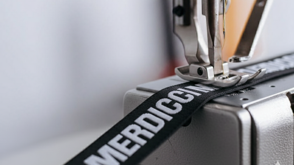 Sewing machine with a black strap labeled 'MERDICCN' on a white background